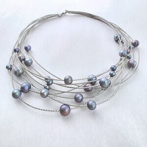 Honora Silver Peacock Gray Freshwater Pearl 16" Choker Necklace Floating